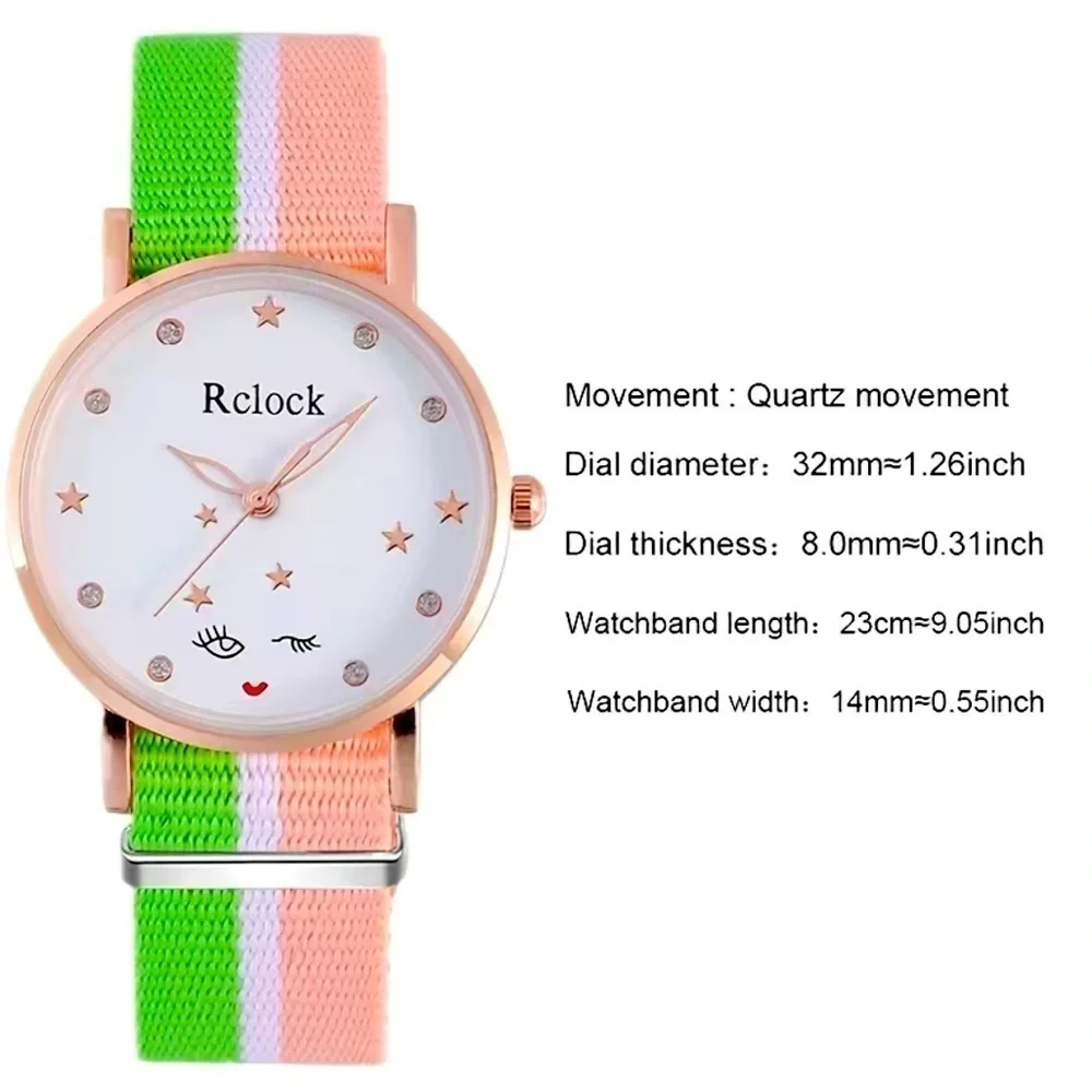 Watch Women’s Analog Round  Preppy Stripe Canvas Buckle Band Green Coral